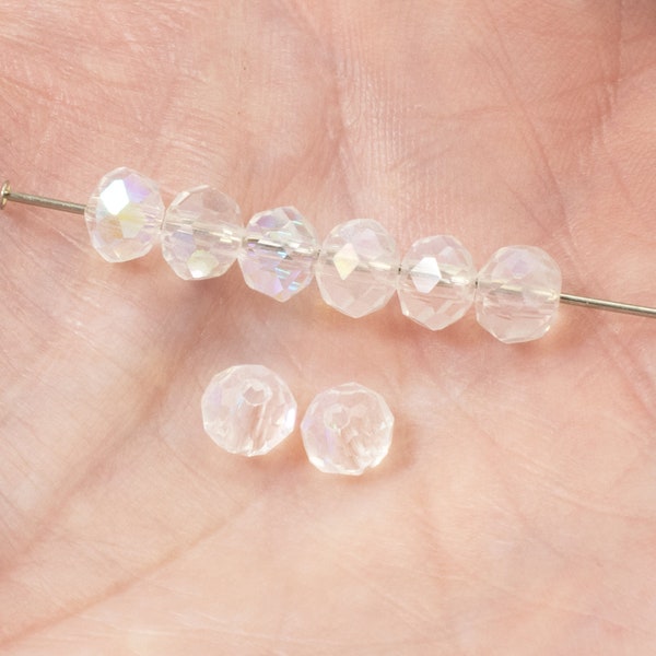 50 Sparkling Clear Glass Beads, Faceted Rondelle + AB Finish for DIY Jewelry, Crafts and Decor