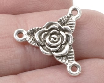 Silver Rose Trinity Links, 4-Pack TierraCast Rosary Making, Religious Jewelry Connectors, .999 Fine Silver Antique, Sacred Rose Design