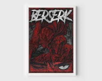 Könnte beinhalten: Eine rote und schwarze Illustration einer Figur aus der Manga-Serie Berserk. Die Figur trägt einen Helm und eine Rüstung, und das Bild ist mit einem weißen Rahmen versehen. Das Wort "Berserk" ist in weißen Buchstaben oben im Bild geschrieben.