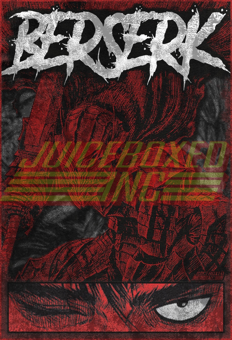 May include: A red and black graphic print of a character from the anime series Berserk. The character is wearing a helmet and armor. The text "UNDEFEATED" is printed in yellow on the image. The text "BERSERK" is printed in white on the image.