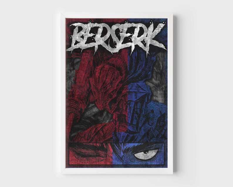 May include: A framed print of a graphic illustration of a character from the manga series Berserk. The character's face is partially obscured by a red and blue background with the word "Berserk" in white lettering.
