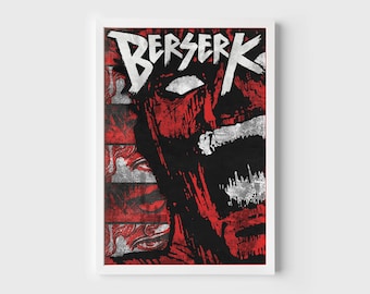 Könnte beinhalten: Ein schwarzes und rotes Poster mit dem Wort "Berserk" in weißen Buchstaben. Das Poster zeigt eine Nahaufnahme eines monströsen Gesichts mit einem aufgerissenen Mund und scharfen Zähnen.
