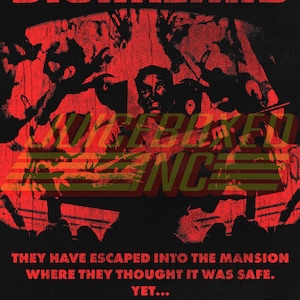 May include: A red and black graphic design with the text "BIOHAZARD" and "THEY HAVE ESCAPED INTO THE MANSION WHERE THEY THOUGHT IT WAS SAFE. YET..."  The design features a silhouette of a person with hands reaching out from the background.