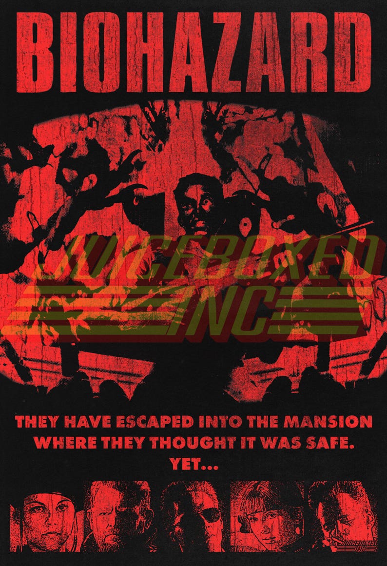 May include: A red and black graphic design with the text "BIOHAZARD" and "THEY HAVE ESCAPED INTO THE MANSION WHERE THEY THOUGHT IT WAS SAFE. YET..."  The design features a silhouette of a person with hands reaching out from the background.