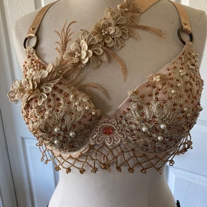 Belly dance bra, beaded, fantasy, lace, burlesque, costume, Dance bra