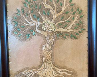 Tree, spring, maiden, spiritual, Leather, carved art