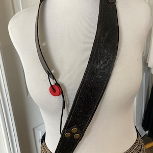 Guitar strap, hand, tooled, leather, chocolate, brown, adjustable,