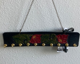 Hand tooled leather, floral pattern, key or necklace holder, wall hanging , wall decor