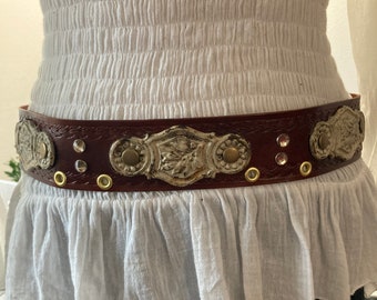 Tribal, tribal fusion, belly, dance, antique hardware, hand, tooled, leather, dance, vintage, festival, leather belt