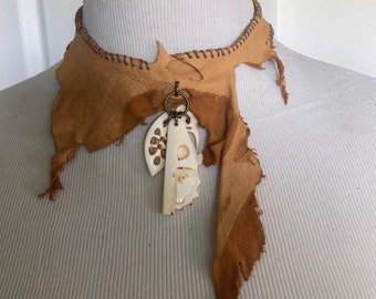 Choker, leather, buckskin,spirit, ragged, tattered, symbols, medallions