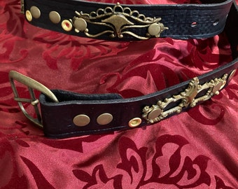 Leather, hand tooled, antique hardware, antique gold, black belt