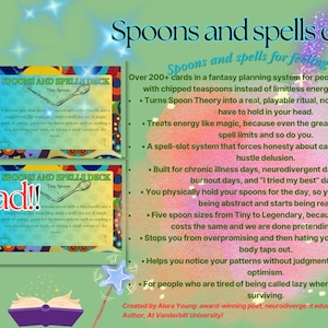 May include: Digital download of the "Spoons and Spells Deck." The image shows multiple cards with text and a spoon graphic, set against a green background. The text includes the deck's purpose and features.