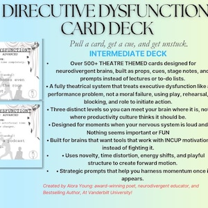 May include: A card deck titled "Directive Dysfunction" with an "Intermediate Deck" label. The cards have a light blue background with text and illustrations. The words "Digital download!!" are in red. The deck is designed for neurodivergent brains.