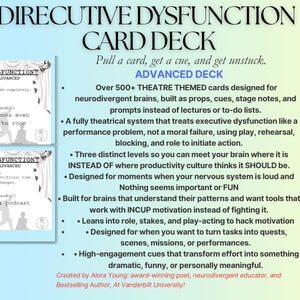 Può includere: Un download digitale del "Directive Dysfunction Card Deck". L'immagine mostra diverse carte con testo e illustrazioni, insieme a una descrizione delle caratteristiche e dei vantaggi del mazzo. Il mazzo è progettato per cervelli neurodivergenti.