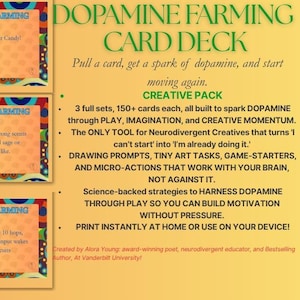 Puede incluir: Una descarga digital del "Dopamine Farming Card Deck". La imagen muestra varias tarjetas con texto, y las palabras "Digital download!!" se muestran. La baraja está diseñada para despertar la dopamina a través del juego y la imaginación.