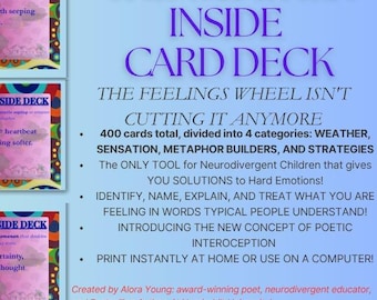 以下が含まれることがあります： 「The Weather Inside Card Deck」は、神経多様性のある子供向けのツールで、フレーズが書かれたカードと青色の背景が特徴です。このデッキには、天気や比喩ビルダーなどのカテゴリに分けられた400枚のカードが含まれています。