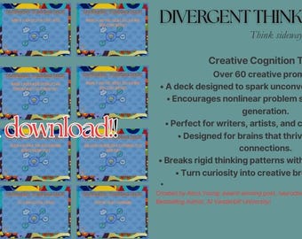 以下が含まれることがあります： 「Divergent Thinking Deck」のデジタルダウンロード。画像には、カラフルなボーダーと接続された円のグラフィックが付いた複数の青いカードが表示されています。「Creative Cognition Tools」と「Think sideways」というテキストが含まれています。