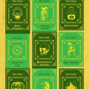 Op de afbeelding: Een kaartspel getiteld "Hyperfixation Mash Up Deck" met groene en gele illustraties. Elke kaart heeft een uniek ontwerp en de woorden "Topic Cards". Thema's zijn onder meer Space Exploration, Vintage Fashion, Cryptozoology en Quantum Mechanics.