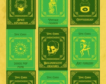 以下が含まれることがあります： 「Hyperfixation Mash Up Deck」と題されたカードデッキ。緑と黄色のイラストが特徴で、各カードにはユニークなデザインと「Topic Cards」の文字が描かれています。テーマには、宇宙探査、ヴィンテージファッション、クリプトズーロジー、量子力学などがあります。