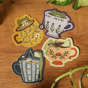 Teacup Frog Stickers | Cottagecore Cozy Toads | Durable Waterproof Vinyl image 1