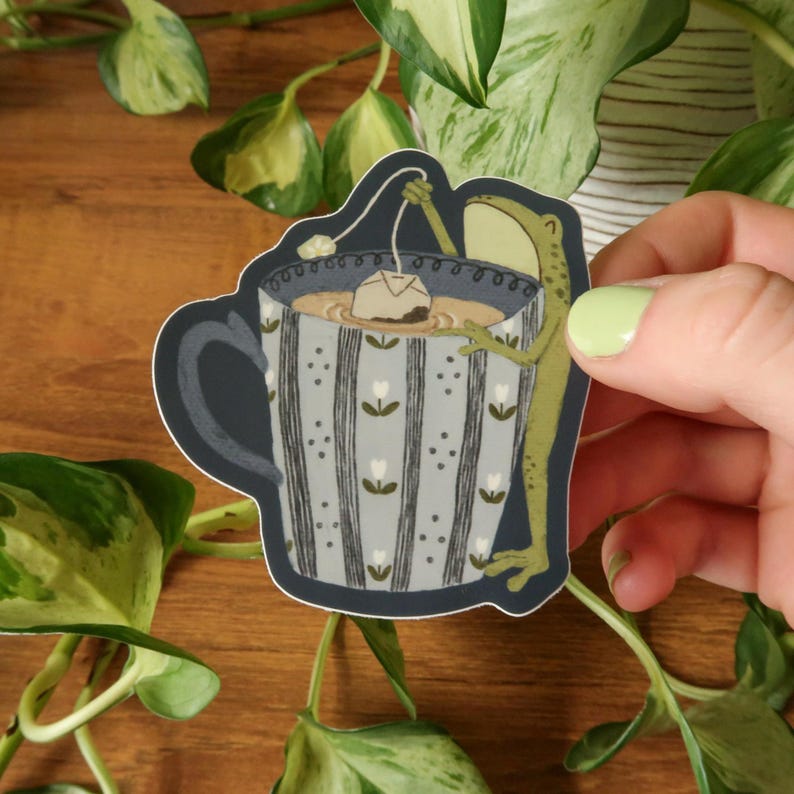 Teacup Frog Stickers | Cottagecore Cozy Toads | Durable Waterproof Vinyl Blue Teacup Frog
