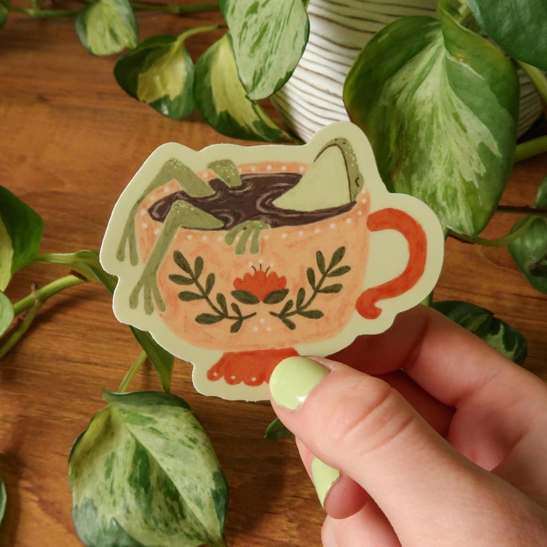 Teacup Frog Stickers | Cottagecore Cozy Toads | Durable Waterproof Vinyl Pink Teacup Frog