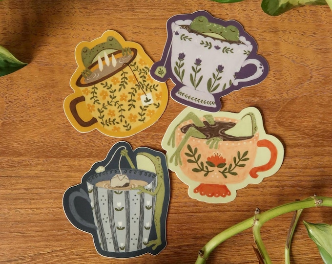 Teacup Frog Stickers | Cottagecore Cozy Toads | Durable Waterproof Vinyl