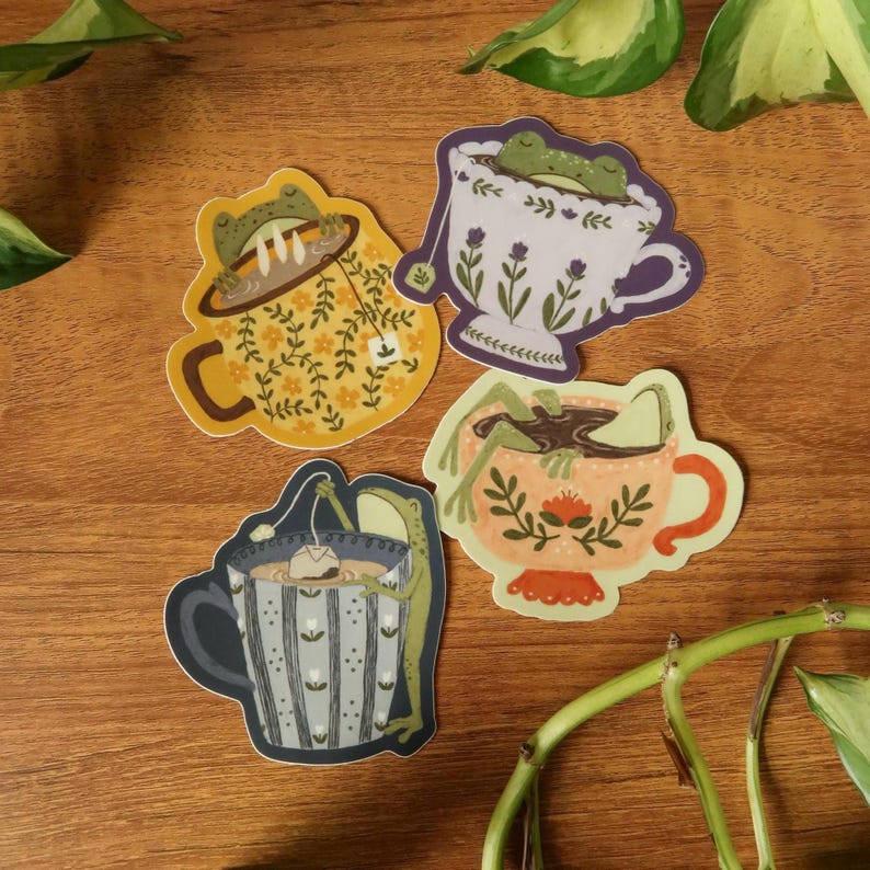 Teacup Frog Stickers | Cottagecore Cozy Toads | Durable Waterproof Vinyl image 1