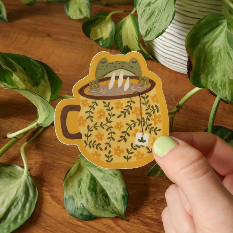 Teacup Frog Stickers | Cottagecore Cozy Toads | Durable Waterproof Vinyl Yellow Teacup Frog