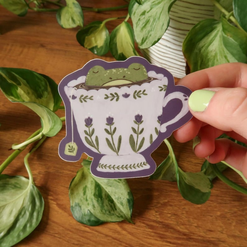 Teacup Frog Stickers | Cottagecore Cozy Toads | Durable Waterproof Vinyl Purple Teacup Frog