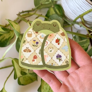 Cottage Quilt Frog Sticker | Cozy Toad in a Blanket | Durable Waterproof Vinyl