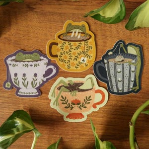 Teacup Frog Stickers | Cottagecore Cozy Toads | Durable Waterproof Vinyl Pack of all 4