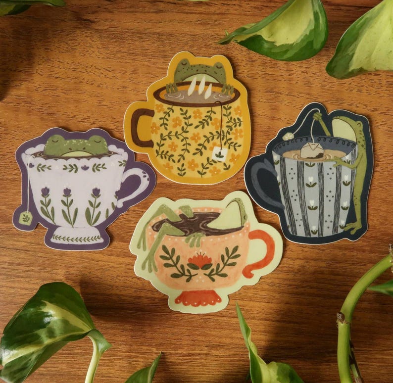 Teacup Frog Stickers | Cottagecore Cozy Toads | Durable Waterproof Vinyl Pack of all 4
