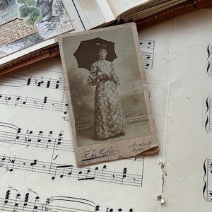 Photo of a woman. Black and white photo of a woman. Edwardian dress. Victorian photograph. Carte de Visite. Junk journal. Umbrella, parasol