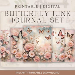 Junk Journal Kit, Scrapbook zum ausdrucken, Digital Collage Sheet, Instant Download. Rosa Schmetterlinge und Blumen, pastell, hübsch, geblümt, Rosen