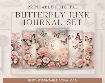 Kit de carnet Butterfly Junk : feuilles de collage floral rose (téléchargement numérique)