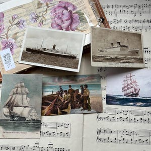 5 cartes postales nautiques vintage. Mer, marine, navale. Cartes postales anciennes, collector, collection. Histoire, sépia, bateaux, navires, carnet de jonques, éphémères