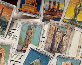 Jeu complet de timbres de collection pour Boîtes de chocolats anciens, France. Statues et monuments célèbres