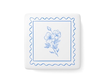 Blue Floral Stamp Porcelain Magnet, Square - Delft Tile Vibe for Fridge, Housewarming Gift, Kitchen Decor, Magnetic Memo