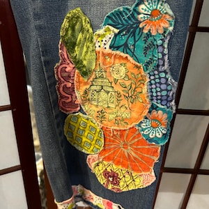Boho up cycled denim jeans  Art to Wear appliqué Lucky Brand size 10
