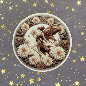 May include: A circular sticker featuring a detailed illustration of a fairy with wings, surrounded by stylized flowers and intricate patterns. The fairy is depicted in a flowing gown with a floral design, holding a flower in her hand. The background is a light cream color, and the sticker has a white border.