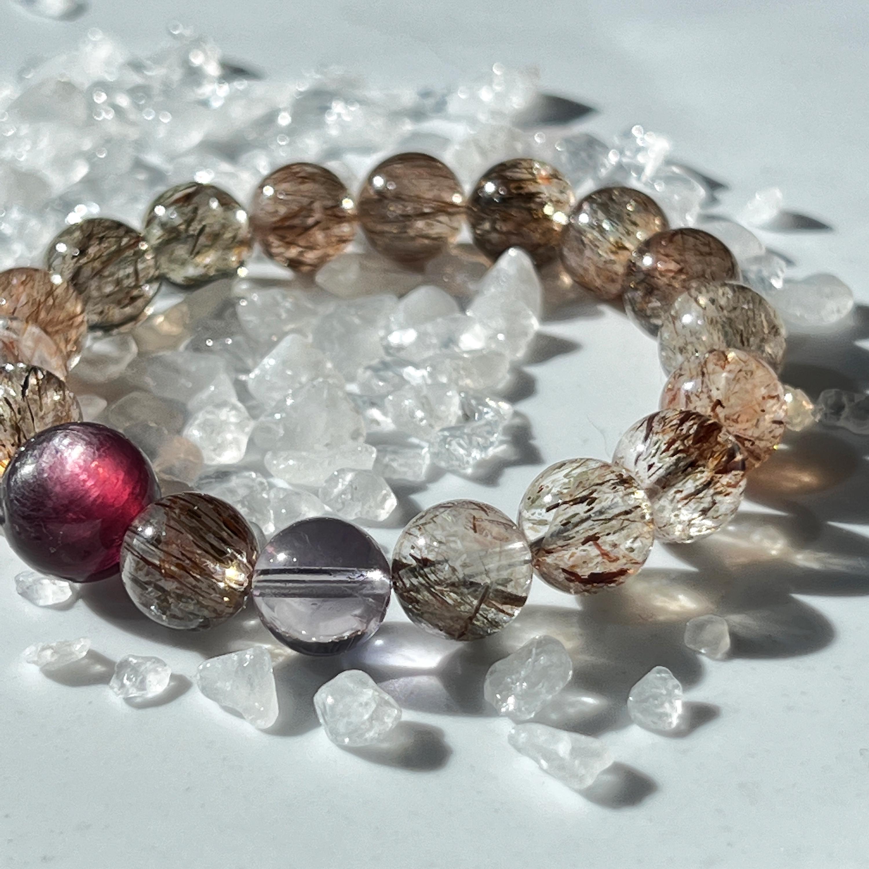 Black Super Seven Bracelet,Crystal Bracelet 12mm,Purple Lepidolite Bracelet,Super Seven Crystal
