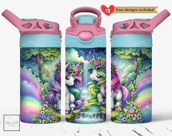 Magical Rainbow Unicorn 12 oz Tumbler Wrap, Little Girl&#39;s Sublimation PNG, Kids Straight Tumbler Design, Sippy Cup Flip Top Digital Download