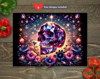 Crystal Skull Floral Kitchen Glass Cutting Board PNG, Fantasy Floral Kitchen Sublimation Cutting Board Design, Cutting Board PNG Download