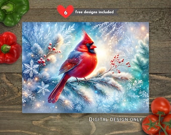 Christmas Cardinal Kitchen Glass Cutting Board PNG, Christmas Kitchen Sublimation Cutting Board Design, Cutting Board PNG Download
