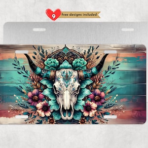 May include: License plate featuring a bull skull with large horns, adorned with turquoise and purple flowers, and teal leaves. The background has a wooden plank design. The text "9 free designs included" is visible.
