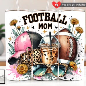 May include: White tumbler with a "FOOTBALL MOM" design. The design includes a pink baseball cap, a leopard print purse, a football, sunglasses, and a coffee drink. The tumbler has a straw and is decorated with flowers and stars.