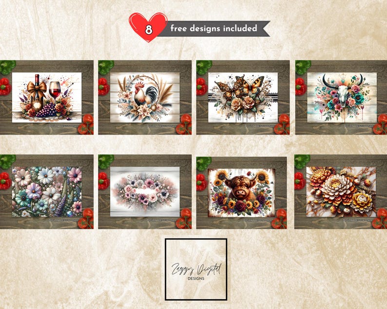 Puede incluir: Una colecci&oacute;n digital de 8 dise&ntilde;os gr&aacute;ficos rectangulares que presentan diversas ilustraciones, incluyendo una botella de vino, un gallo, mariposas, un cr&aacute;neo de vaca, patrones florales y una vaca highland, con el texto 8 free designs included.
