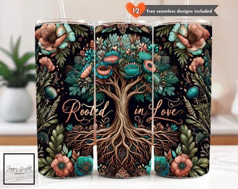 Rooted In Love Tree of Life Tumbler Wrap, Rustic Family 20 oz Skinny Tumbler Country Sublimation Design Digital Download PNG, Tumbler Wrap
