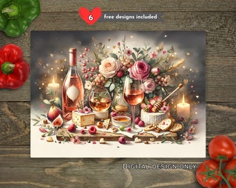 Romantische Wein Charcuterie Küche Glas Schneidebrett PNG Elegante Wein Käse Blumen Sublimationsbrett Design Valentinstag Jahrestag Download